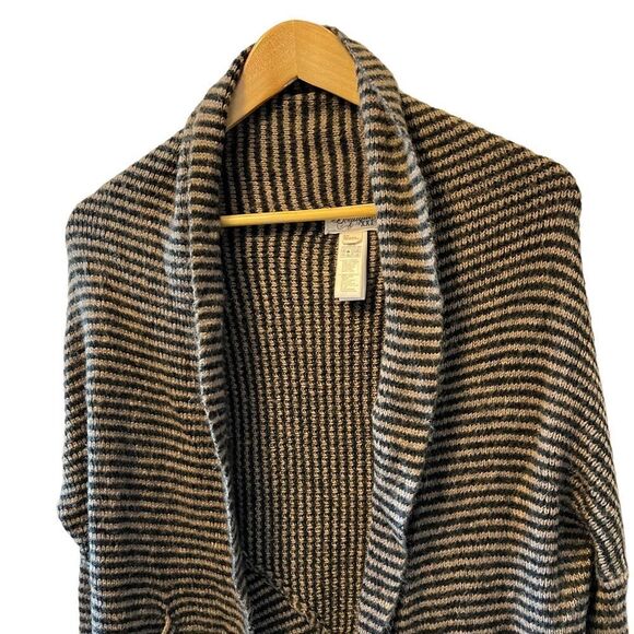 Wool Blend Tan & Black Striped Slouchy Loose Fit Open Cardigan Sweater S - Picture 2 of 8